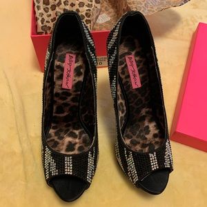🐢 Betsey Johnson Zebra Rhinestone Peep Toe Heels